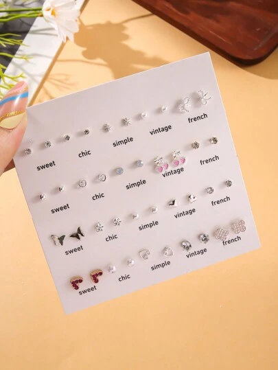 40 Pcs Heart Butterfly Clover Alloy Crystal Inlaid Stud Earrings Set, Fashionable & Personalized For Women, Suitable For Daily Wear Valentines