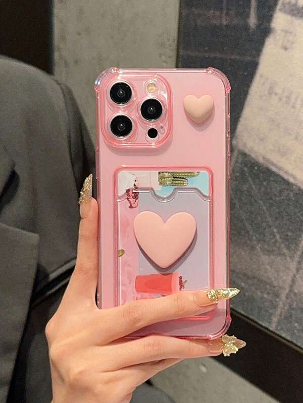 Push-Pull Transparent Dual Heart Decor Sticker Frame Card Holder Apple Phone Case