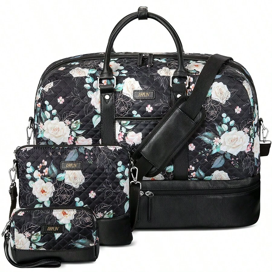 Juego de 3 bolsas de viaje de lona a rayas con gran capacidad, ideal para viajes de noche, bolsa de mano para llevar - Blanco y Negro - Ver 1