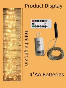 1入組10公尺/33英尺200顆LED 8種模式銅線電池操作串燈，創意LED瀑布柳藤形狀串燈，適於室內/室外花園、庭院、婚禮、商店、節日裝飾，拍攝背景設置。附送遙控器的禮物。 - 黃色 - 查看 11