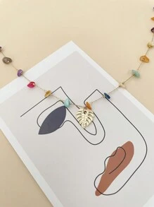 Mazuer 1 件时尚简约叶子设计彩色宝石不锈钢项链，适合女性、日常佩戴、度假、约会、礼物、节日、派对、母亲节 - 金黃色 - 查看 2