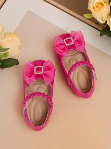 1 par de zapatos lindos para bebé con lazo de strass, correa tejida, unicolor, suela antideslizante y plana, para caminar al aire libre, adecuados para primavera y otoño - Rosa Fucsia - Ver 4