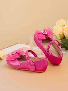 1 par de zapatos lindos para bebé con lazo de strass, correa tejida, unicolor, suela antideslizante y plana, para caminar al aire libre, adecuados para primavera y otoño - Rosa Fucsia - Ver 6