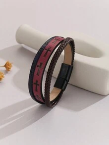 Pulsera de estilo punk de PU trenzado con patrón de cruz, adecuada para que los hombres la usen a diario y como regalo para festivales - cruz - Ver 13