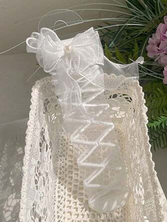 1 Pair Sheer Summer Crystal Polka Dot With Ruffle & Bow Design Socks, Japanese Style