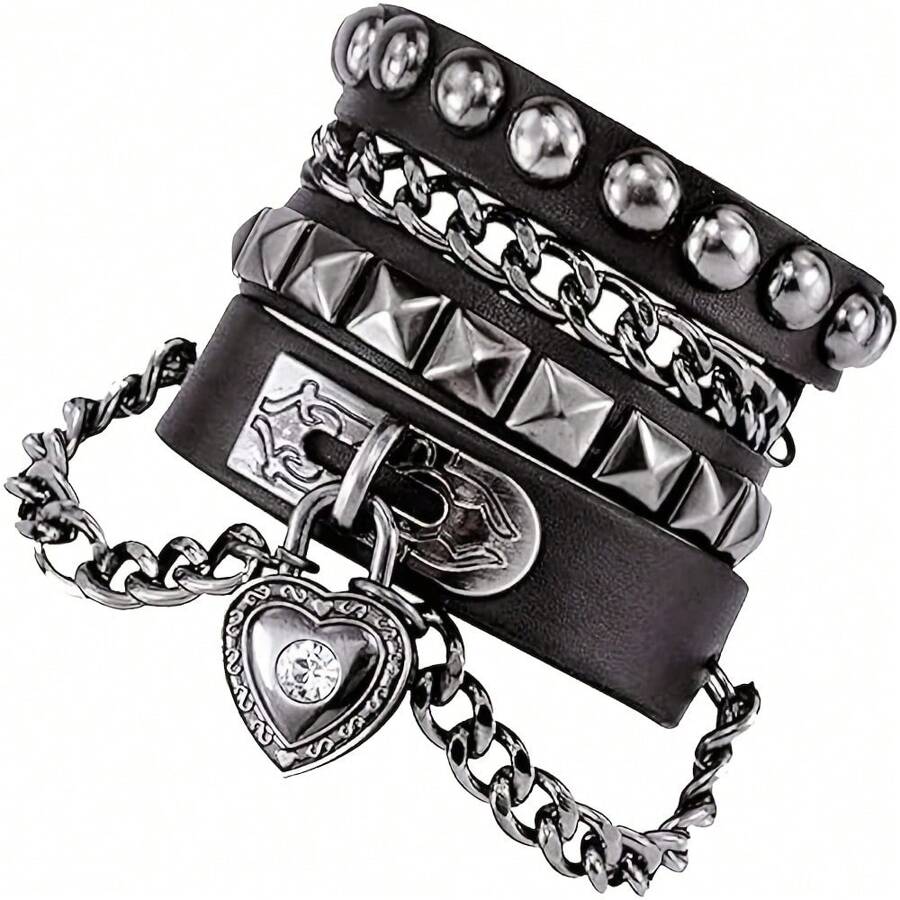 Yanxyad Punk Leather Chain Bracelet With Heart - Rock And Roll Wristband For Men And Women