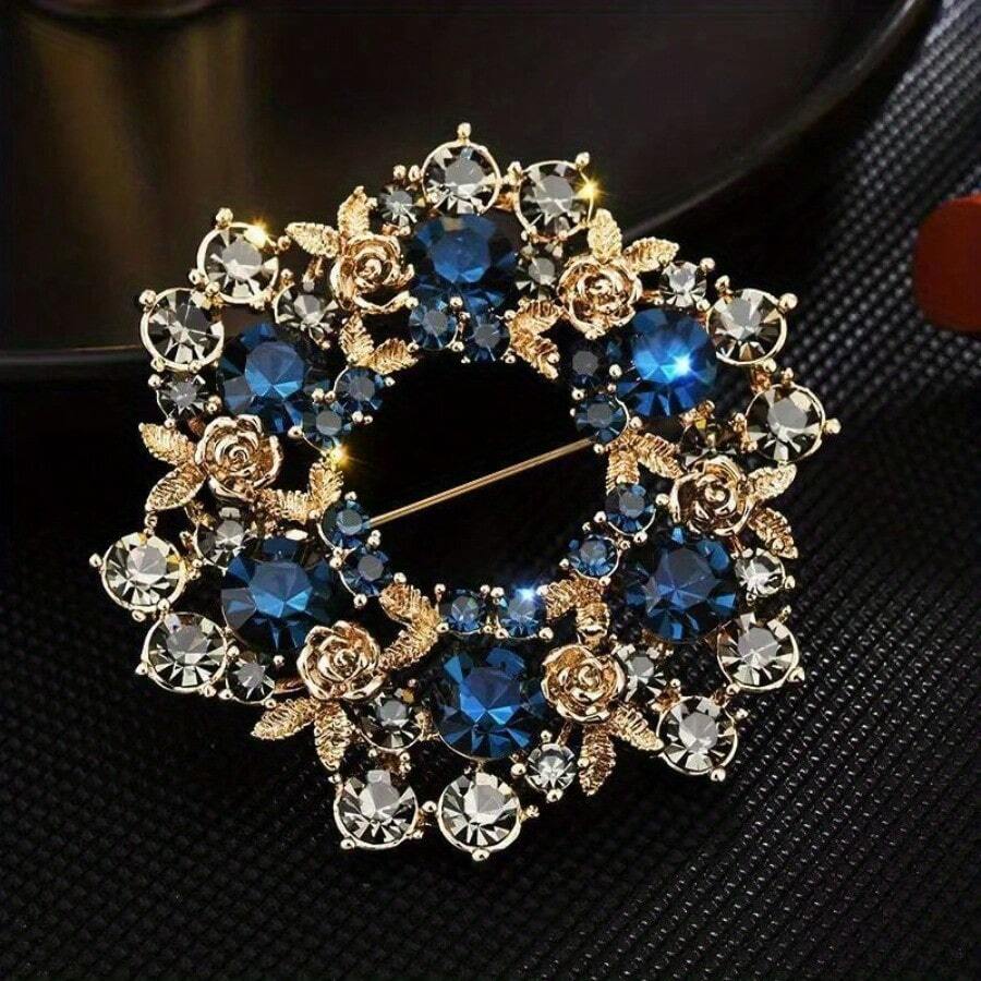 女士优雅水晶胸针奢华复古花朵水钻徽章复古女士婚礼派对胸花别针珠宝礼服配饰衣服别针包饰背包学校办公室配饰衬衫夹克圣诞节万圣节 - 藍色 - 查看 1