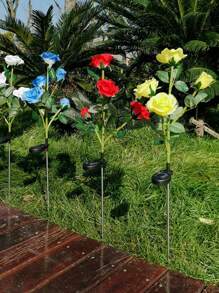 1pc 5-Rose Solar Powered Lights, Outdoor Decorative Garden Pathway Lights, LED Fairy Lights For Yard, Party, Holiday, Birthday, Home Decor, Proposal Gift