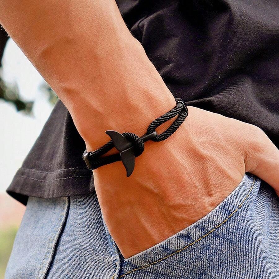 diffone 简约设计手工米兰绳手链饰物黑色鲸鱼尾海洋生物波西米亚风手链男士臂环首饰男士 - 海洋風魚尾手鍊 - 查看 1