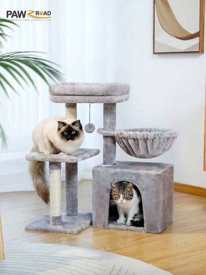 PAWZ Road Poste rascador para gatos pequeño, torre para gatos de 28", 2 tipos de árbol de actividades para gatos con postes rascadores para gatos, hamaca grande