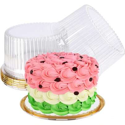 10 Inch Plastic Cake Carriers Gold Cake Containers With Lid And White Cake Boards, Clear Cupcake Holder For 1-2 Layer Cheesecake, Cake Pie Bakery Supplies (5 Pack)