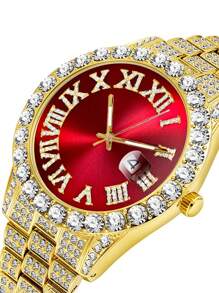 1 件男士个性化嘻哈风格罗马数字水钻石英腕表 - 彩色 - 查看 6