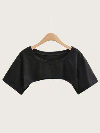 1 pieza Camiseta de baile de jazz versátil de ajuste holgado y corta de manga súper corta que deja ver el ombligo, de unicolor con cuello falso