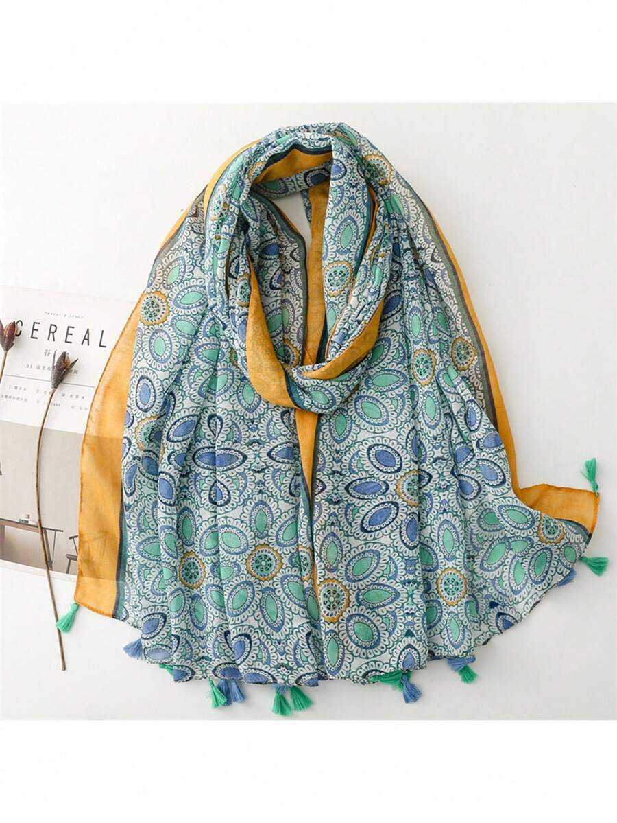 1pc  Summer Scarf, Exotic Geometric Yellow-Green Shawl For Travel And Sun Protection - Multicolor - View 1