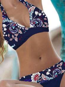 Bộ bikini hở lưng họa tiết hoa gợi cảm 2 mảnh mùa hè - Màu xanh hải quân - Xem 1