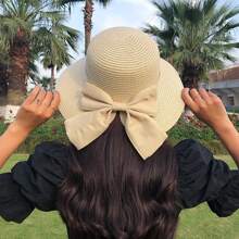 Sombrero de paja con protección solar con estilo coreano para mujeres con decoración de lazo para actividades al aire libre de primavera/verano, playa, pesca, etc. moños - sombrero de copa - Ver 1