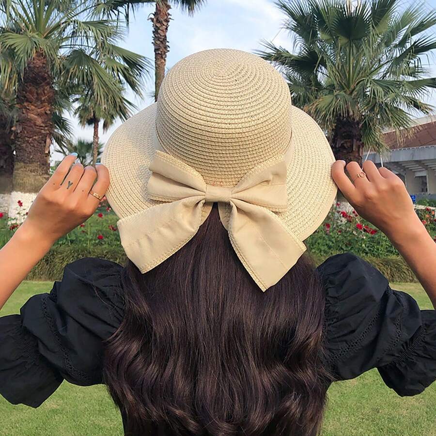 Sombrero de paja con protección solar con estilo coreano para mujeres con decoración de lazo para actividades al aire libre de primavera/verano, playa, pesca, etc. moños - sombrero de copa - Ver 1