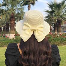 Sombrero de paja con protección solar con estilo coreano para mujeres con decoración de lazo para actividades al aire libre de primavera/verano, playa, pesca, etc. moños - sombrero de copa - Ver 2