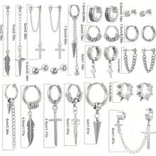 Hip-Hop Stainless Steel Earring Set - Unisex 27 Pieces Set, Includes Hoops, Studs And Pendants, Suitable For Men, Women, And Couples