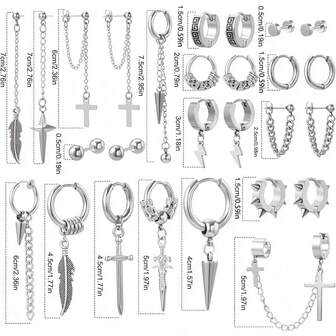 Hip-Hop Stainless Steel Earring Set - Unisex 27 Pieces Set, Includes Hoops, Studs And Pendants, Suitable For Men, Women, And Couples