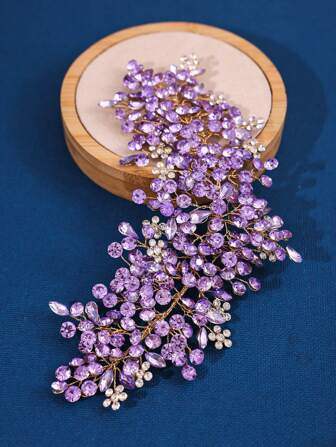 1pc Purple Bride Rhinestone Crystal Flexible Wedding Party Hair Band Headband For Updo Hairstyle, Banquet And Dance Party In European And American Style.