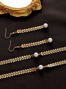 1只耳環+1個手鐲+1條項鍊，時尚簡約的歐美風格，金色幾何魚骨鏈，珍珠裝飾，女士珠寶套裝適合日常穿著