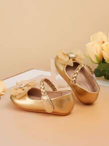A Pair Of Cute Rhinestones Bowknot Plain Patent Leather Anti-Slip Flat Baby Outdoor Walking Shoes Suitable For Spring And Autumn - Gold - View 6