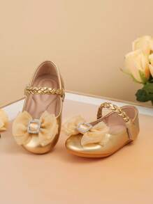 A Pair Of Cute Rhinestones Bowknot Plain Patent Leather Anti-Slip Flat Baby Outdoor Walking Shoes Suitable For Spring And Autumn - Gold - View 2
