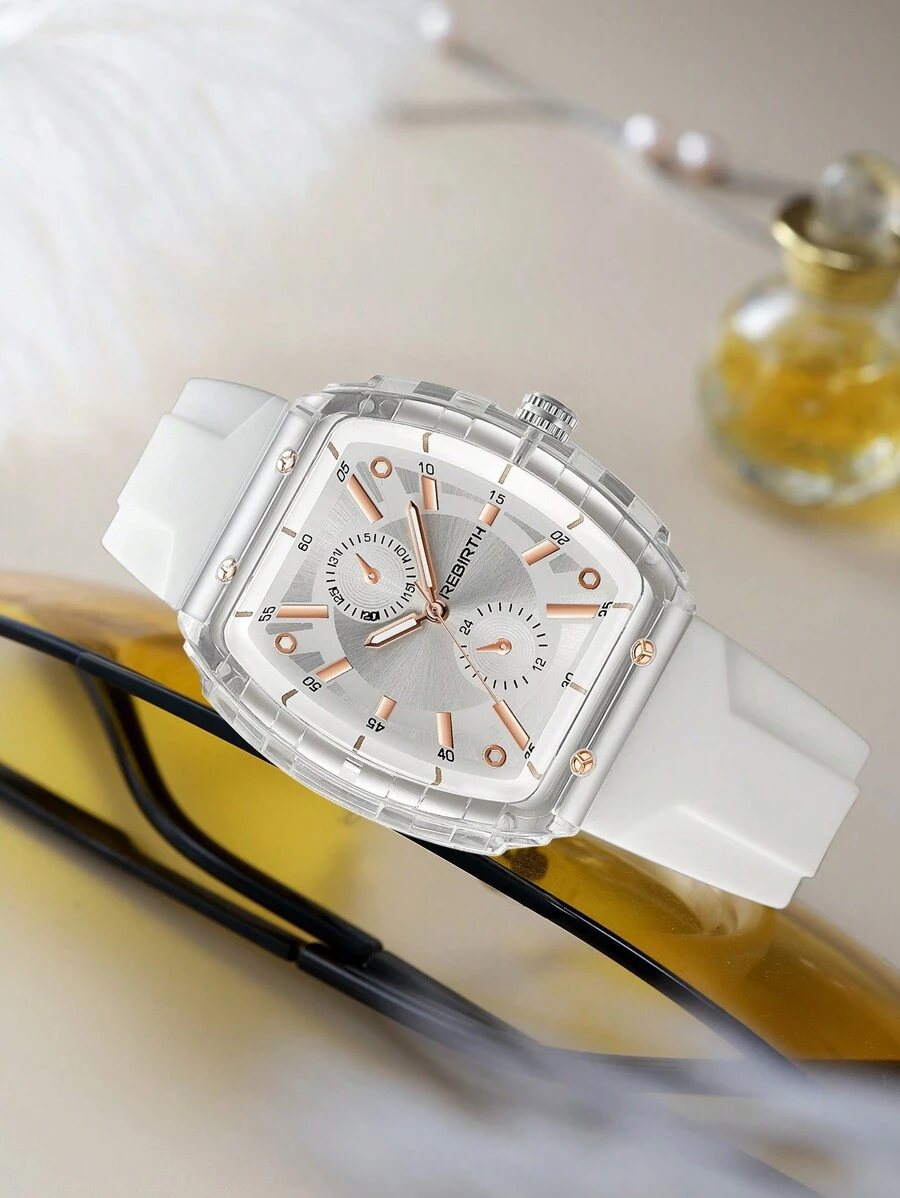 1 pieza Reloj de cuarzo versátil de moda simple para mujer de la marca Rebirth, con correa de silicona, adecuado para uso diario y decoración