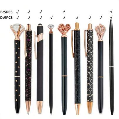 5PCS/9PCS Black Metal Glitter Rhinestone Heart Liquid Quicksand Ballpoint Pen Set, Suitable As Gifts For Girls, Wives, And Friends, Ideal For Wedding, Party, Birthday, New Year School/Office Supplies Back To School