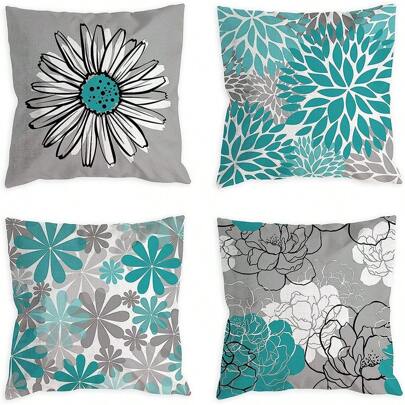 4 Pcs Blue Green Daisy Throw Pillow Covers Sunflower Geometric Floral Combination Decorative Pillowcase For Couch Sofa, Bed And Car, Bedroom Home Decoration Covers, Without Pillow Insert