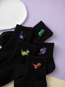 5 Pairs Of Interesting And Unique Cartoon Embroidered Dinosaur Pattern Basic Daily Fashion Versatile Mid-Calf Socks For Children
