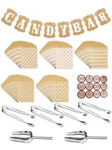 1pc Candy Bar Banner, 50pcs Kraft Paper Bags, 4pcs Clips, 2pcs Shovels, 10pcs Stickers, Suitable For Outdoor Wedding, Holiday Party, Gathering With Friends
