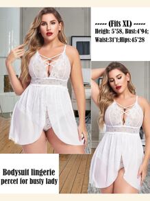 DITZN Plus Size Fashion Sexy Doll Shirt Women's 2 In 1 One-Piece Erotic Lingerie Dress V Neck Lace Pajamas Summer Breathable Cross Strap Nightgowns