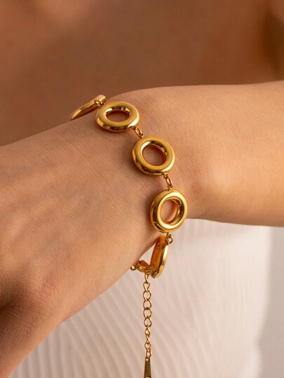 Uworld 1pc 18K Gold-Plated Stainless Steel Circle Bracelet With Pendant Earrings, Personalized Fashion Lightweight Luxury Design For Women's Daily Wear