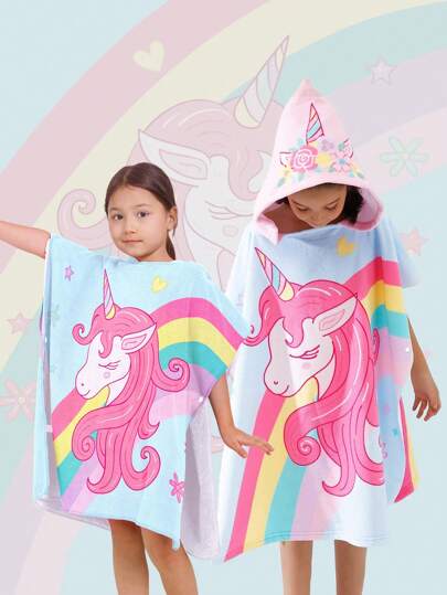 Ultra-Fine Fiber Kids Hooded Bath Towel With Buckle, Rainbow Unicorn Cartoon Print, Multi-Functional Cape For Swimming & Beach, 1pc