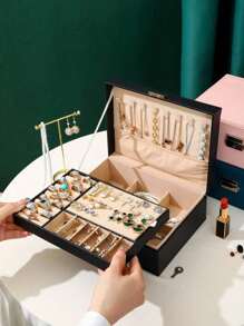 2-Layer Jewelry Box For Women & Girls, PU Leather Jewelry Storage Box With Lock, Removable Tray, Jewelry Display Rack For Necklaces, Earrings, Bracelets, Rings, Watches - Multicolor - View 8
