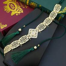 1 Pezzo Elegante Catena vita da donna, cintura in corda con nappe e catena metallica, motivo floreale traforato arabo, placcato oro con strass incastonati, adatto per matrimoni, feste, regali di compleanno