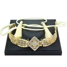 1 Pezzo Elegante Catena vita da donna, cintura in corda con nappe e catena metallica, motivo floreale traforato arabo, placcato oro con strass incastonati, adatto per matrimoni, feste, regali di compleanno