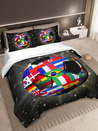 Football World Design Duvet Cover Set 3 Piece Different National Flags Decorative Bedding Set For Men Women And Kids