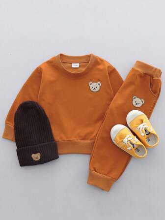 Baby Boy Solid Color Cartoon Bear Head Long Sleeve Round Neck Outfit Set (Excluding Shoes & Hat)