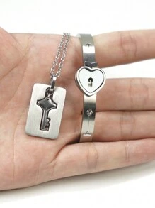 Vòng tay khóa và dây chuyền chìa khóa - Trang sức cặp đôi bằng thép titan, Quà tặng lãng mạn cho ngày lễ tình nhân, sinh nhật, giáng sinh, đám cưới, kỷ niệm, mẹ, mẹ, ngày của mẹ, quà tặng - Vàng - Xem 4