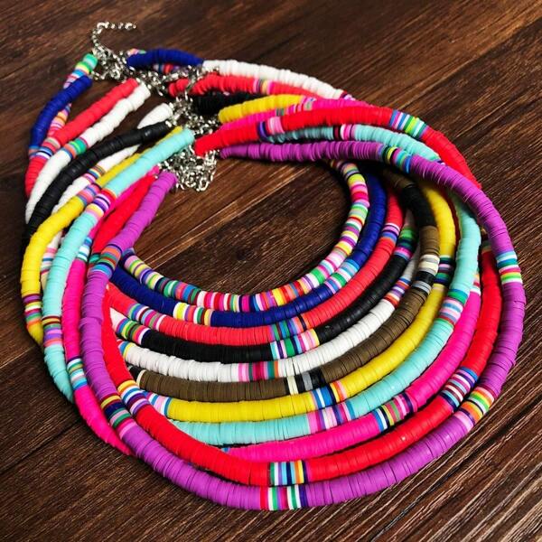 1 pièce Collier de perles coloré de style plage fait main pour femmes, chaîne de clavicule avec pendentif en argile douce, la position des perles est aléatoirement modifiée