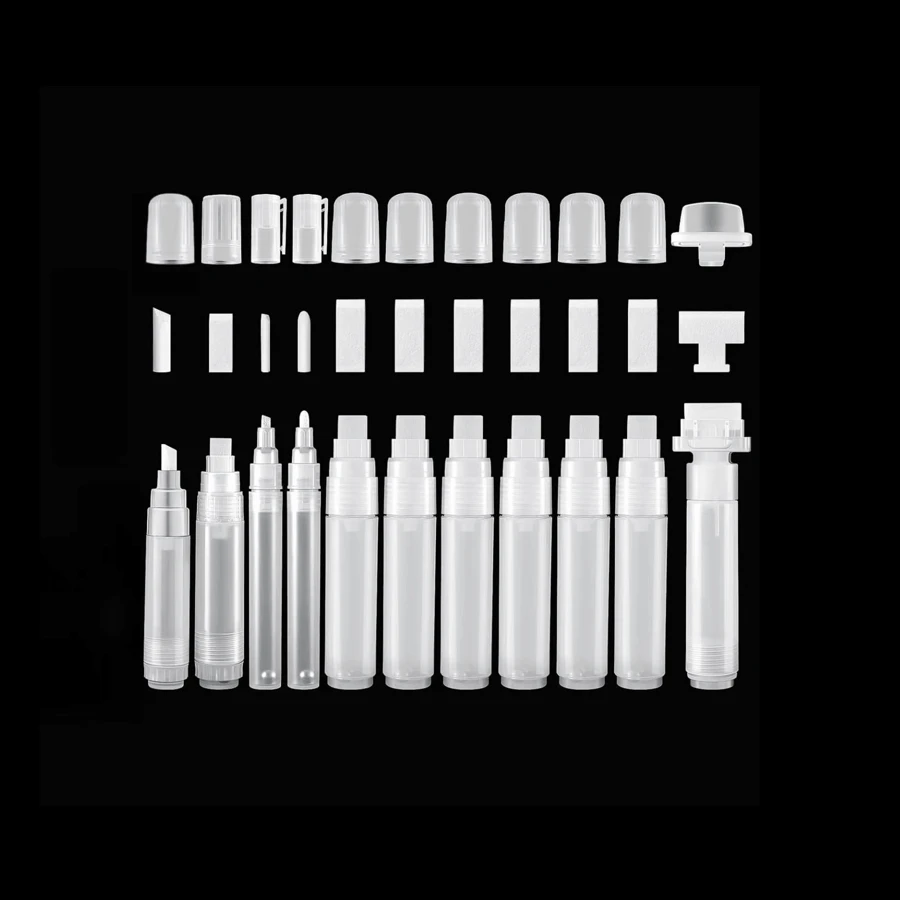 10入/1包或5入/1包空的補充彩筆,可供選擇圓頭,斜頭和扁頭,尺寸有0.7mm、3mm、4.5mm、6mm、8mm、10mm、15mm、30mm、50mm,空裝可裝與您的藝術塗鴉使用的水性、油性或丙烯顏料,透明筆管,DIY任意填充 - 無色 - 查看 1