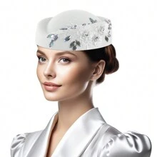 Vintage Knitted Felt Pillbox Rhinestone Hat Women's  Derby Veil Flower Fedora