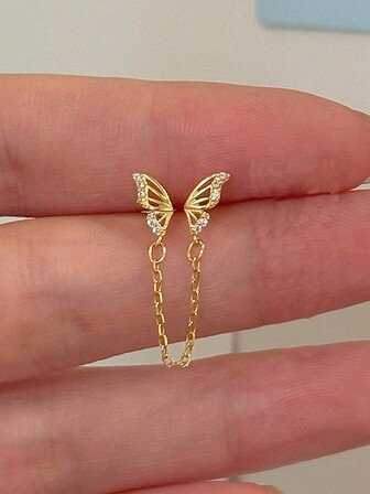 1pc Women's Double Hole Chain Earrings, Studded With Shiny Cubic Zirconia, Sweet Multi-Piercing Tassel Earrings, Suitable For School, Sweet-Cool Girl Personalized Accessories, Christmas Gift