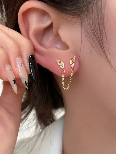 1pc Women's Double Hole Chain Earrings, Studded With Shiny Cubic Zirconia, Sweet Multi-Piercing Tassel Earrings, Suitable For School, Sweet-Cool Girl Personalized Accessories, Christmas Gift