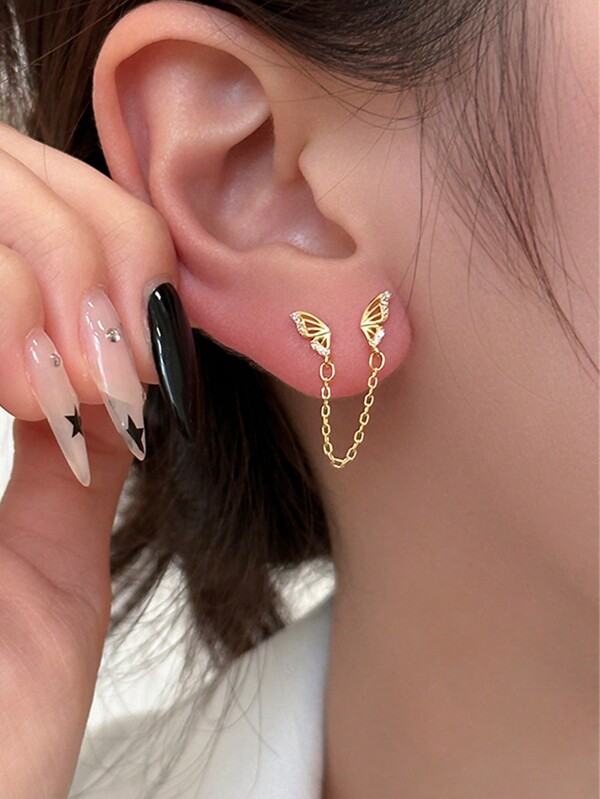 1pc Women's Double Hole Chain Earrings, Studded With Shiny Cubic Zirconia, Sweet Multi-Piercing Tassel Earrings, Suitable For School, Sweet-Cool Girl Personality Accessories, Christmas Gift