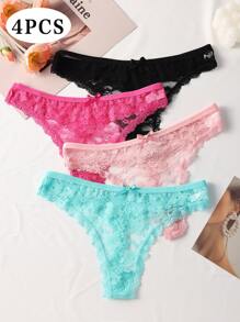 4pcs/Set Women's Sexy Solid Color Lace Thong Panties Lingerie, Low Rise