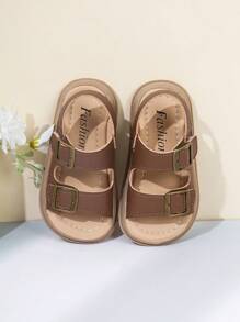 1 Pair Unisex Kids Hook-And-Loop PU Anti-Slip Open-Toe Low-Cut Two-Strap Sandals With Heel, Suitable For Various Occasions And Summer.